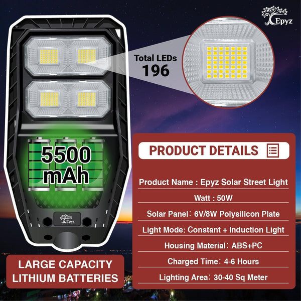 50 Watt Hexagon Solar Street White Light for Garden (With Pole)