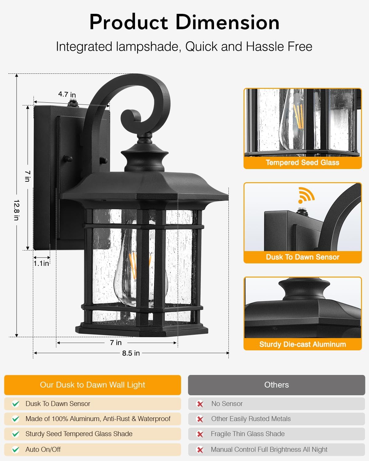VIANIS Black Outdoor Wall Light – Dusk to Dawn, Waterproof, Anti-Rust.