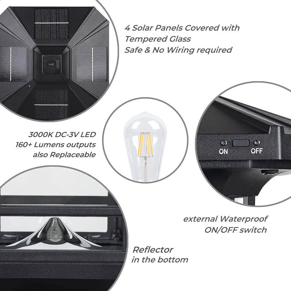 Warm white solar lights, 4x4 posts, waterproof, 2-pack.